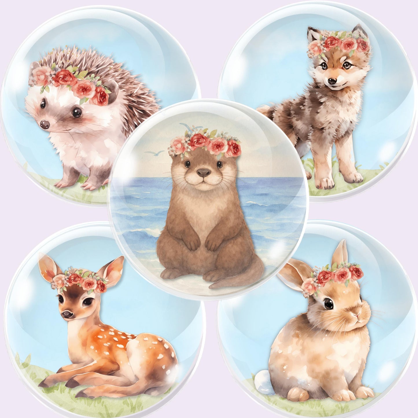Baby Animal Flower Crown Cabochon Printable Circles
