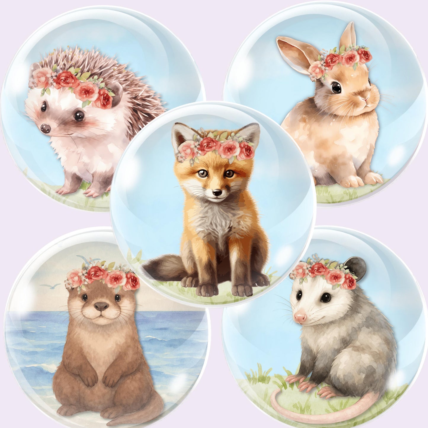 Baby Animal Flower Crown Cabochon Printable Circles