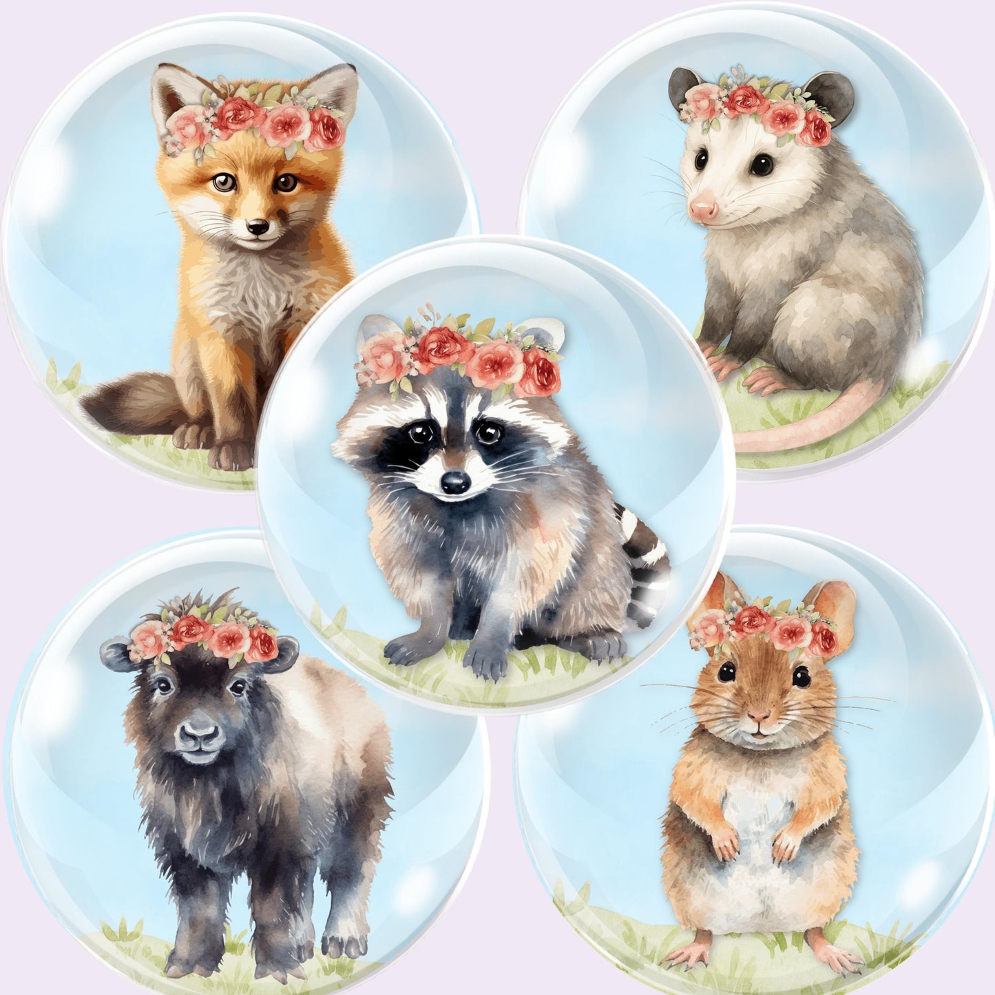 Baby Animal Flower Crown Cabochon Printable Circles