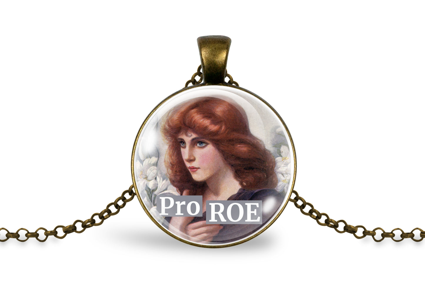 An antique-style bronze round pendant necklace featuring a vintage illustration of a woman with red hair and the text 'Pro ROE' across the bottom, displayed on a clean white background.