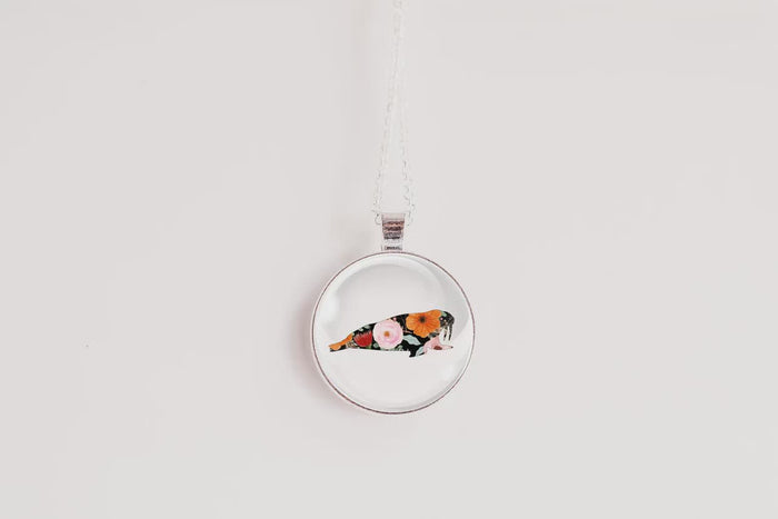 Walrus floral silhouette necklace, glass cabochon pendant, arctic wildlife botanical