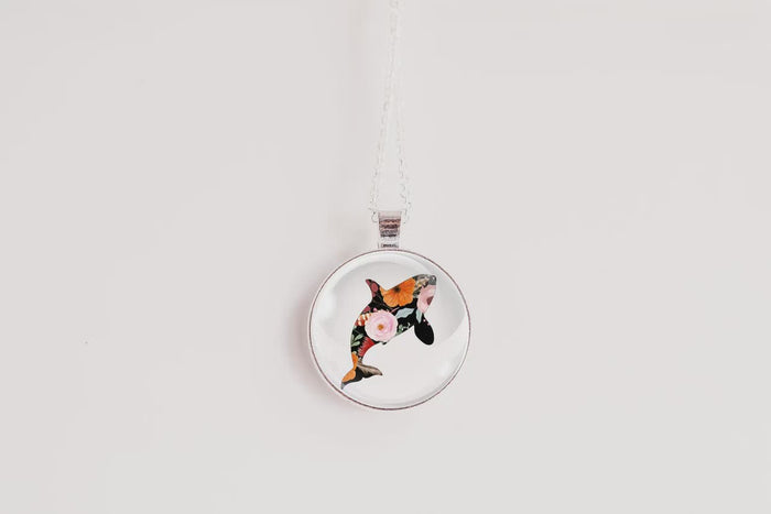 Whale floral silhouette necklace, glass cabochon pendant, ocean marine botanical design