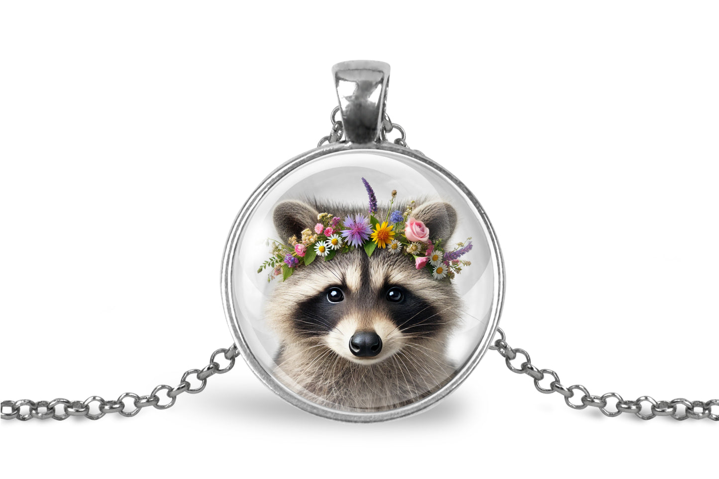 Close up image of a raccoon wearing a whimsical flower crown set in a silver-toned bezel. 