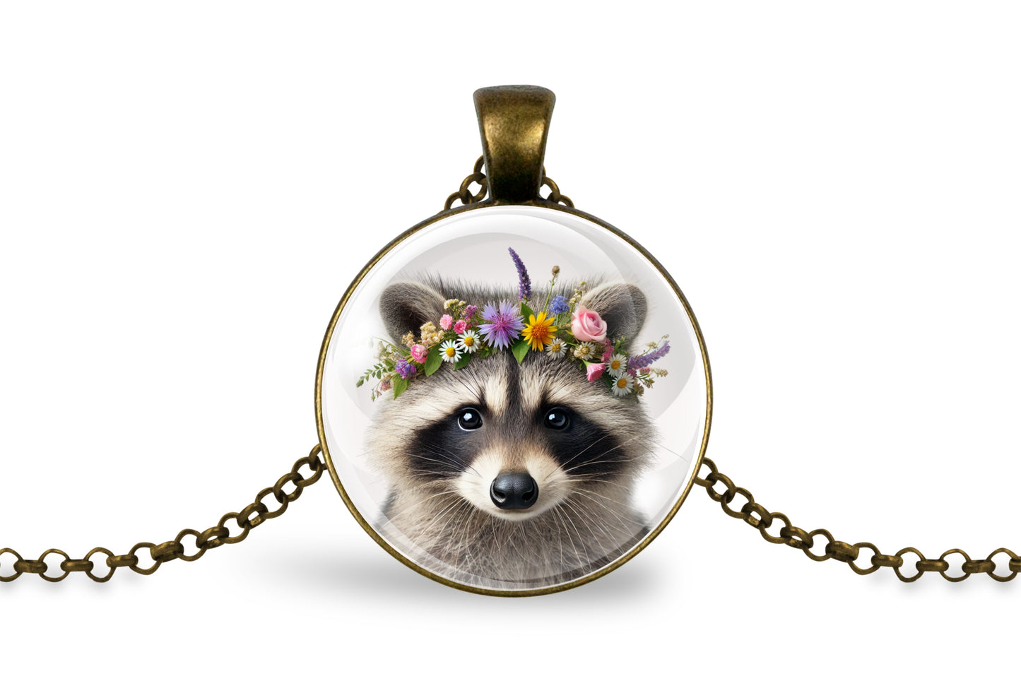 Close up image of a raccoon wearing a whimsical flower crown set in a bronze-plated bezel. 