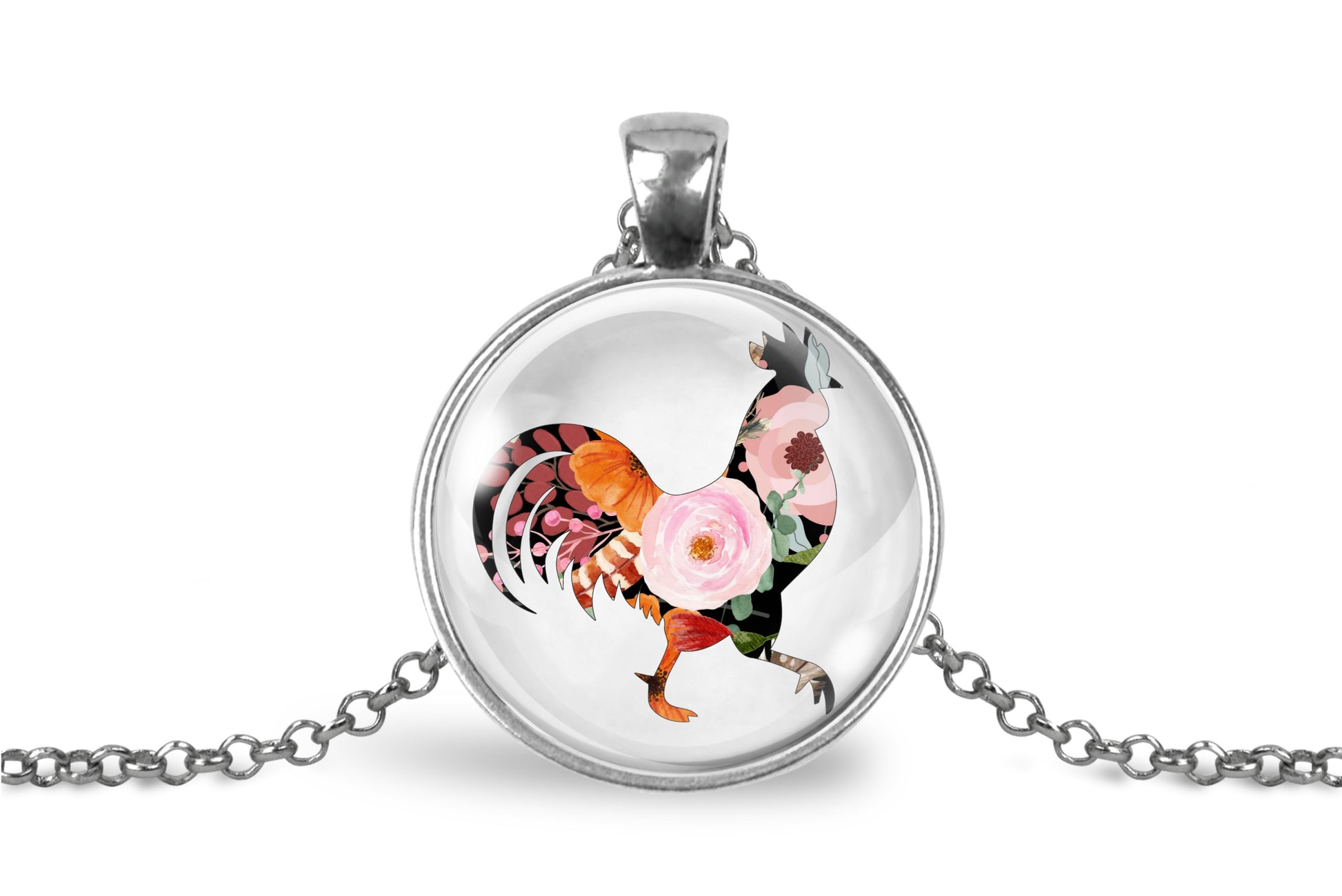 Necklace with a round pendant featuring a colorful rooster design on a white background