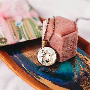 Rustic sheep necklace with flower crown, farm animal jewelry - Whimsy Spirit Shop