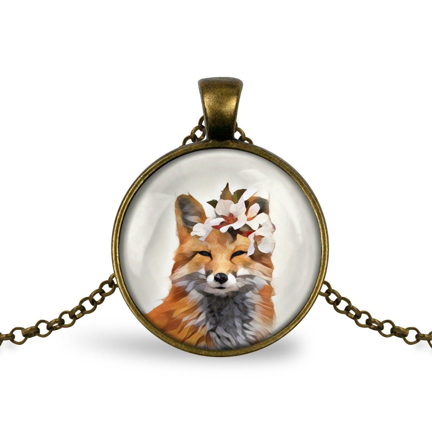 Bronze-plated round pendant necklace an image of a fox wearing a flower crown against a white background