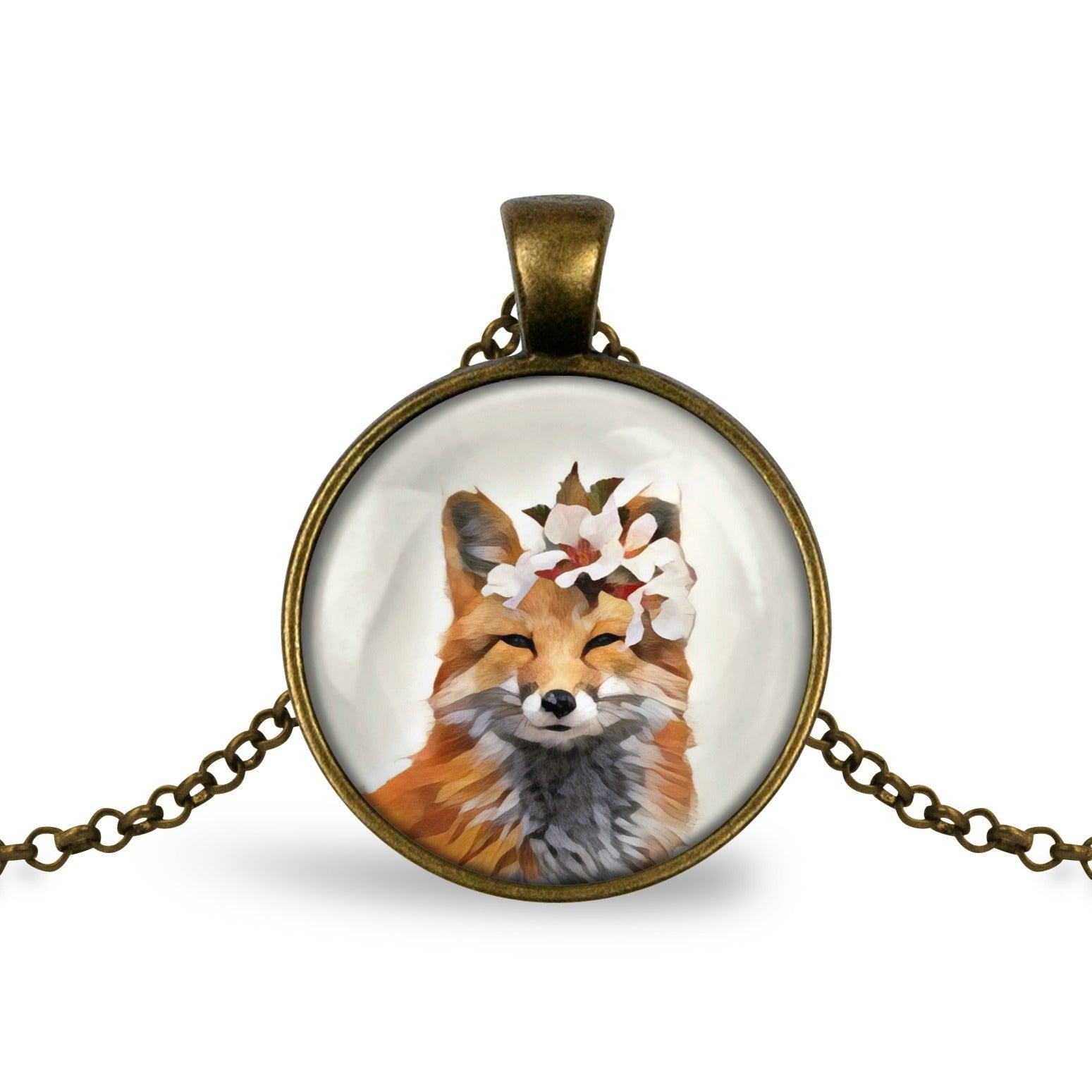 Bronze-plated round pendant necklace an image of a fox wearing a flower crown against a white background