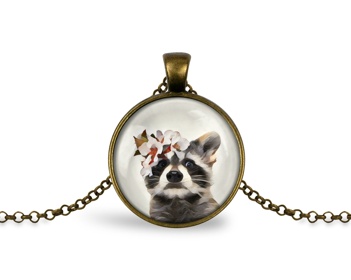 Necklace with a pendant featuring a raccoon wearing a flower crown shown against a white background