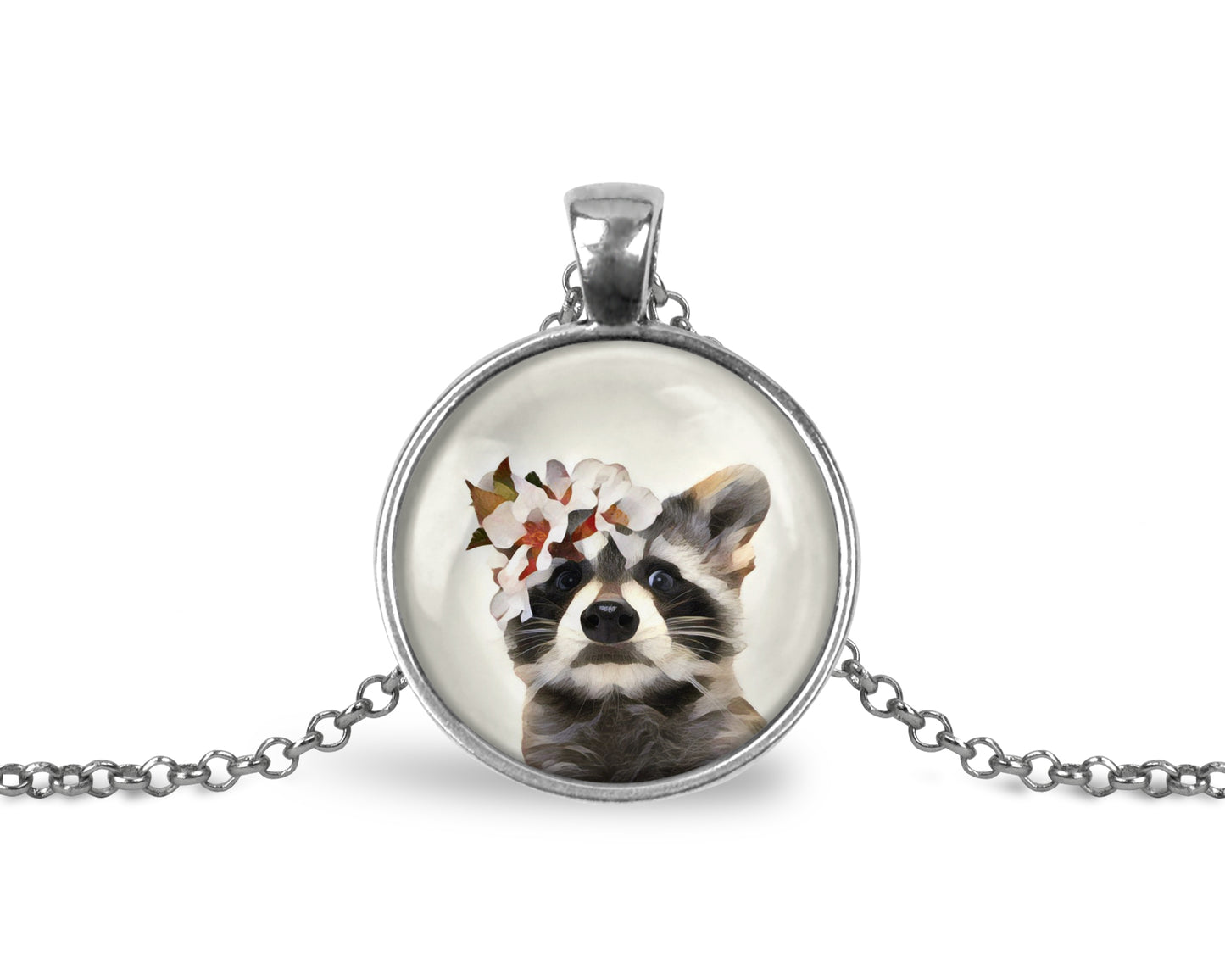 Necklace with a pendant featuring a raccoon wearing a flower crown shown against a white background
