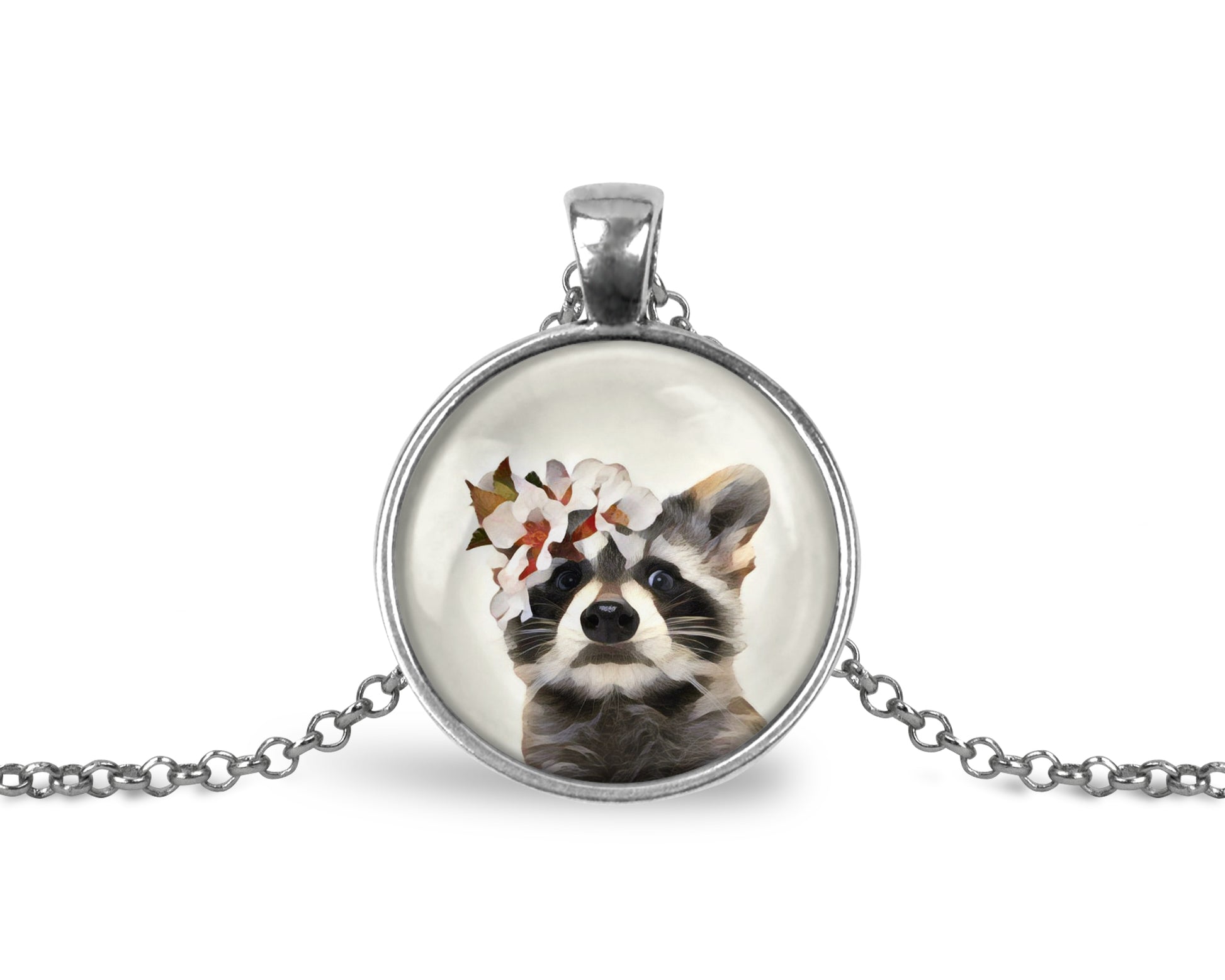 Necklace with a pendant featuring a raccoon wearing a flower crown shown against a white background